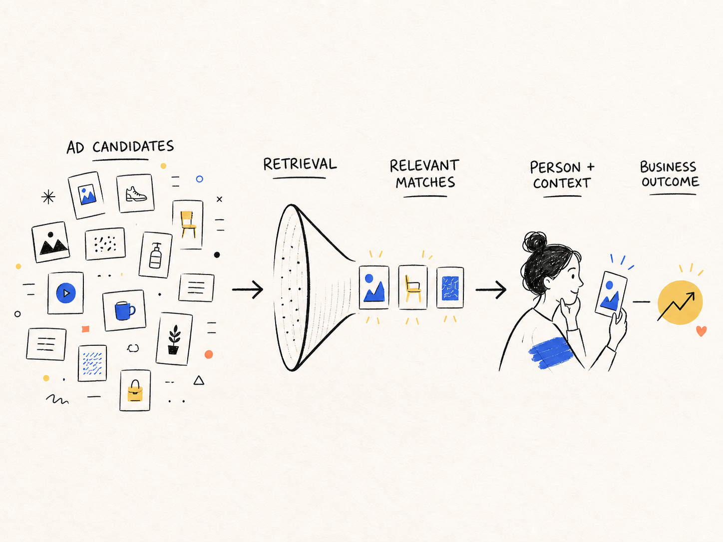 Diagram of ad candidates moving through Andromeda retrieval, ranking, a person, and conversion signals