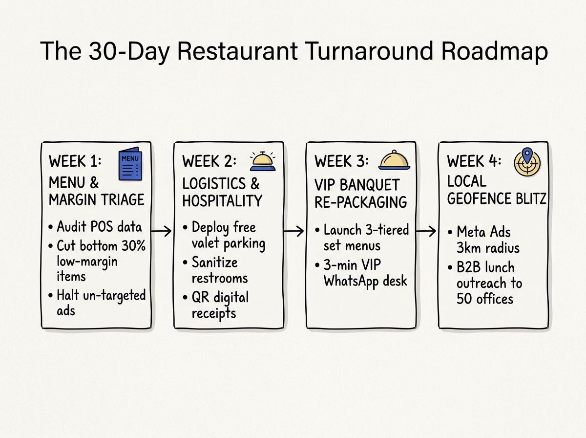 The 30-day restaurant turnaround roadmap illustrating four weekly milestones from unit economics triage to local geofenced scale