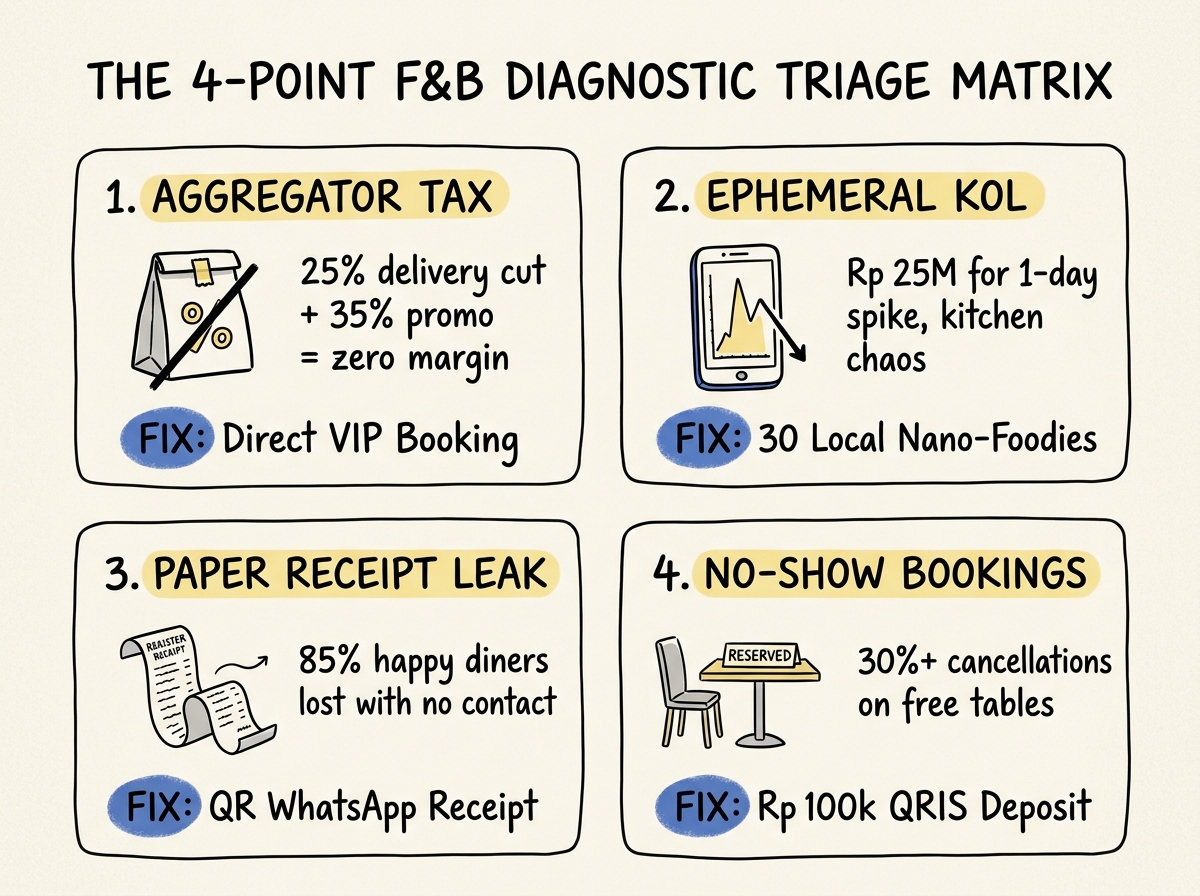 The 4-point F&B diagnostic triage matrix mapping aggregator commission tax, ephemeral food vloggers, paper receipt data loss, and uncommitted table bookings to their operator fixes