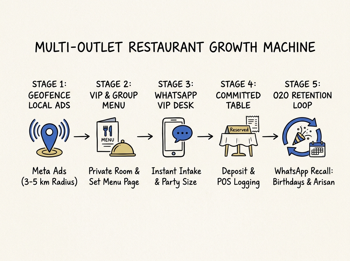 The 5-stage restaurant growth machine diagram showing geofenced local ads, dedicated VIP and group menu landing page, WhatsApp VIP booking desk, committed table reservation with deposit, and automated O2O retention loop