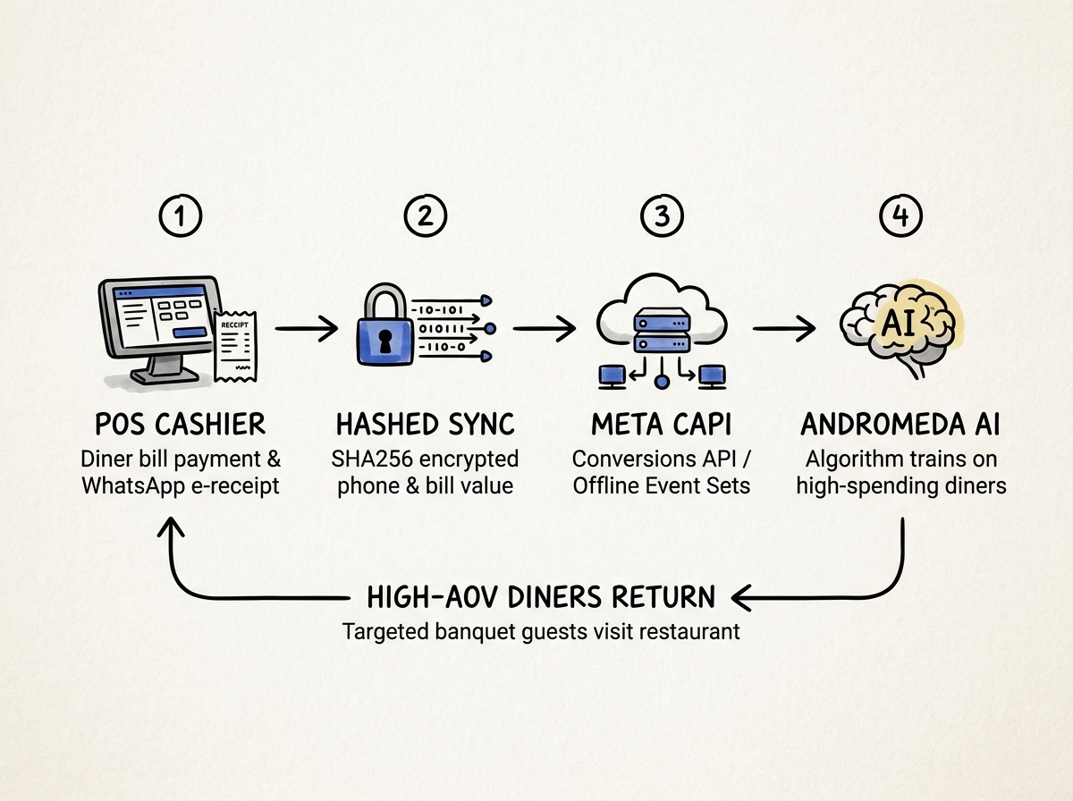 The offline telemetry architecture diagram connecting physical POS cashier transaction values to Meta Conversions API via SHA-256 hashing to retarget high-AOV diners