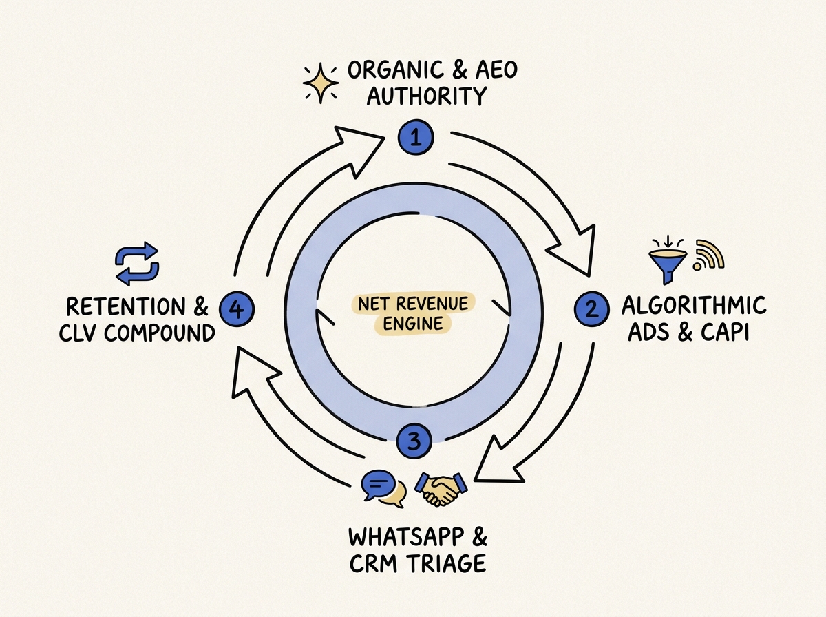 Cyclical revenue engine flywheel connecting organic authority, algorithmic ads, WhatsApp triage, and retention