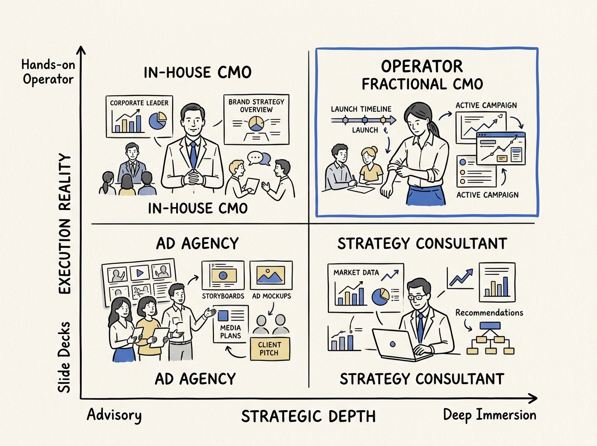 Comparison matrix showing In-House CMO, Ad Agency, Strategy Consultant, and Operator Fractional CMO