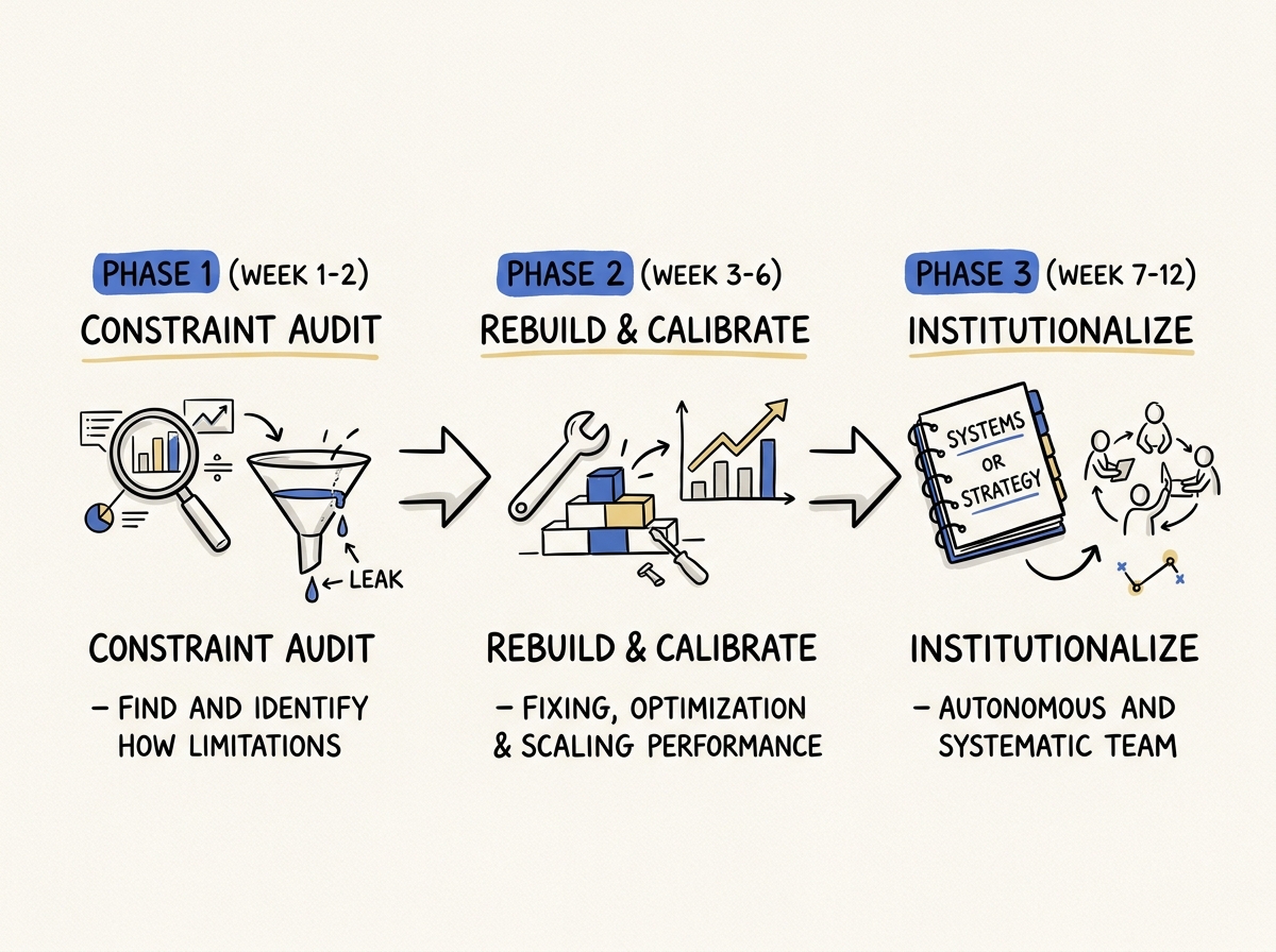 The 3-phase 90-day fractional CMO operating loop: Constraint audit, rebuild & calibrate, institutionalize