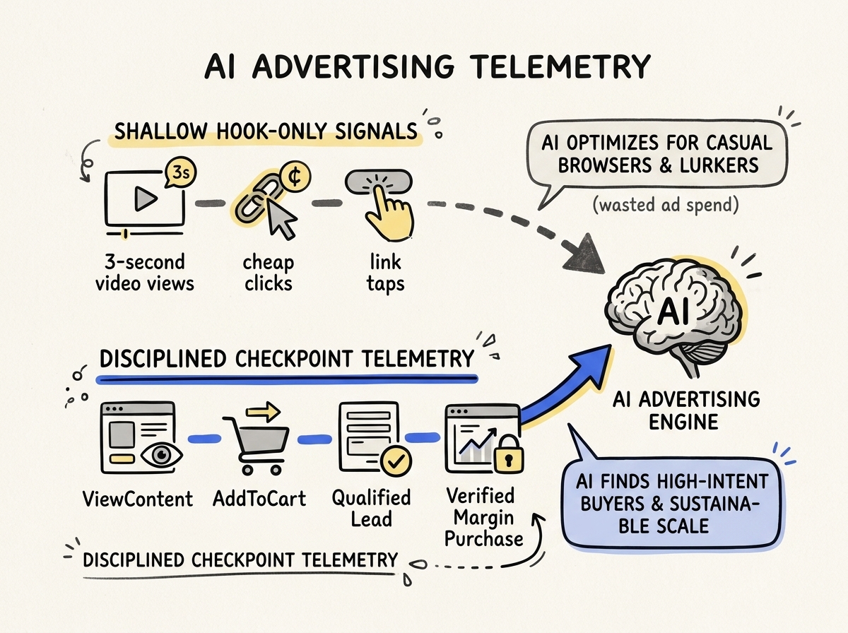 Infographic contrasting shallow hook-only signals with disciplined checkpoint telemetry feeding into an AI advertising engine