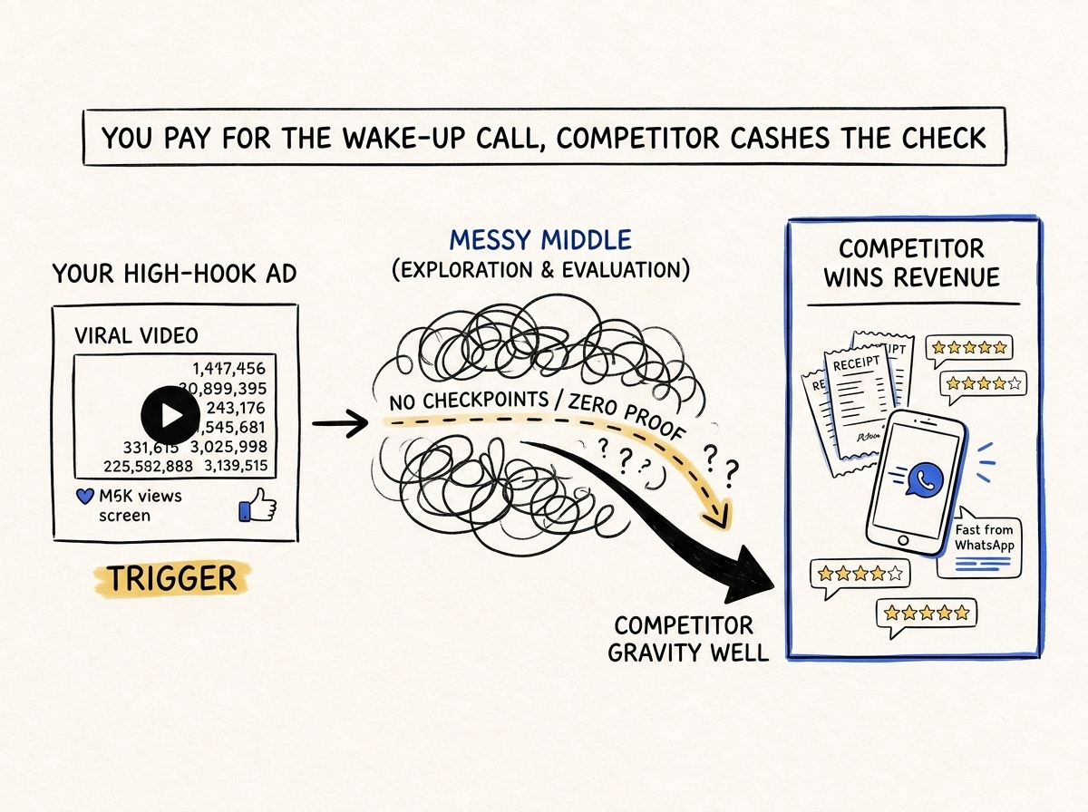 Infographic explaining the competitor subsidy trap where viral ads trigger demand that gets captured by prepared competitors