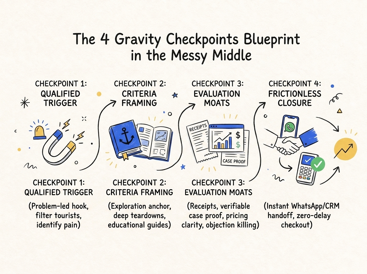 Doodle diagram illustrating the four gravity checkpoints: qualified trigger, criteria framing, evaluation moats, and frictionless closure