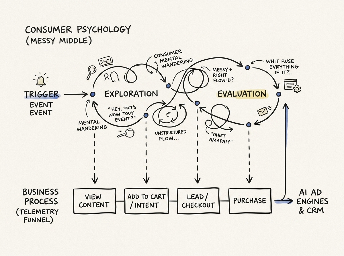 Two-layer diagram contrasting consumer mental wandering in the messy middle with a linear commercial telemetry funnel feeding AI engines