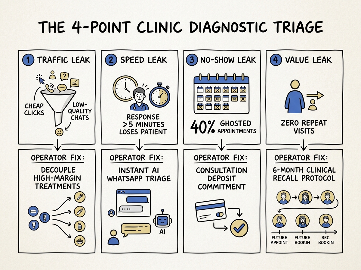 The 4-point clinic diagnostic triage diagram detailing traffic leak, speed leak, no-show leak, and value leak alongside operator fixes