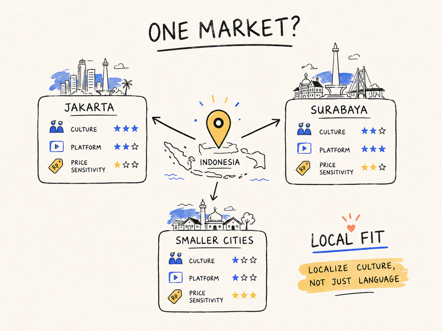 Hand-drawn map showing different cultural, platform, and price contexts across Jakarta, Surabaya, and smaller Indonesian cities