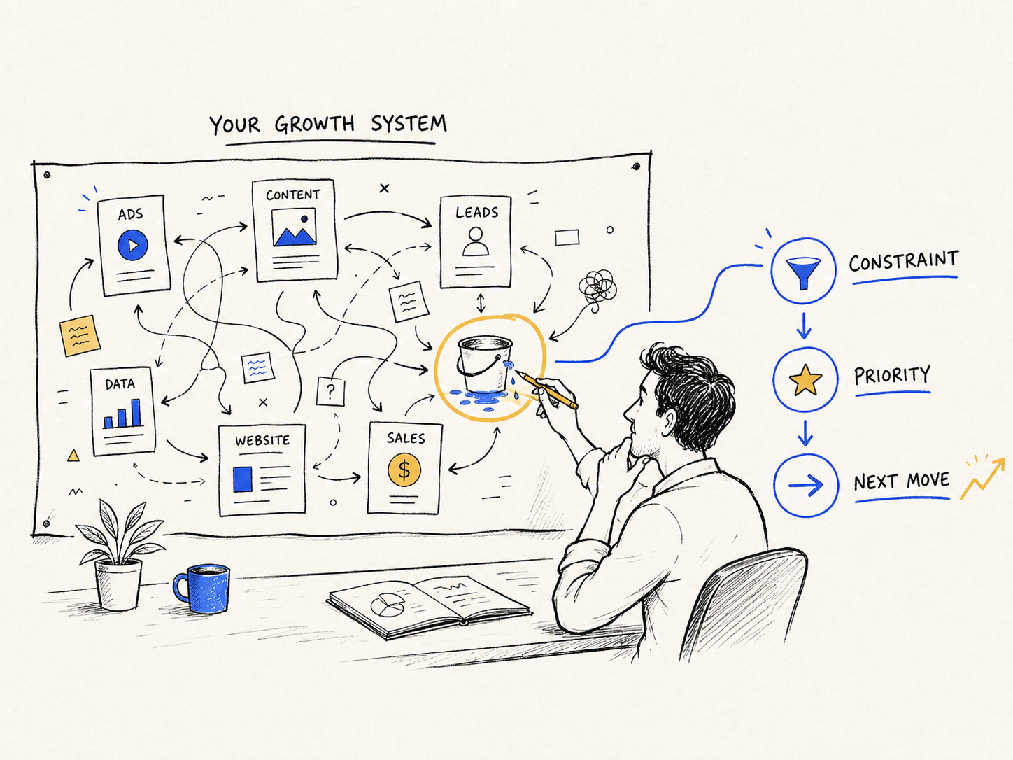 Editorial doodle showing a messy growth system being diagnosed into a clear constraint, priority, and next move